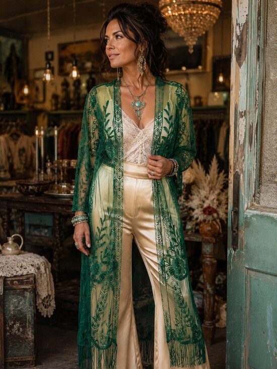 Lucky & Blessed Tops - Sheer Embroidered Green Fringe Tunic